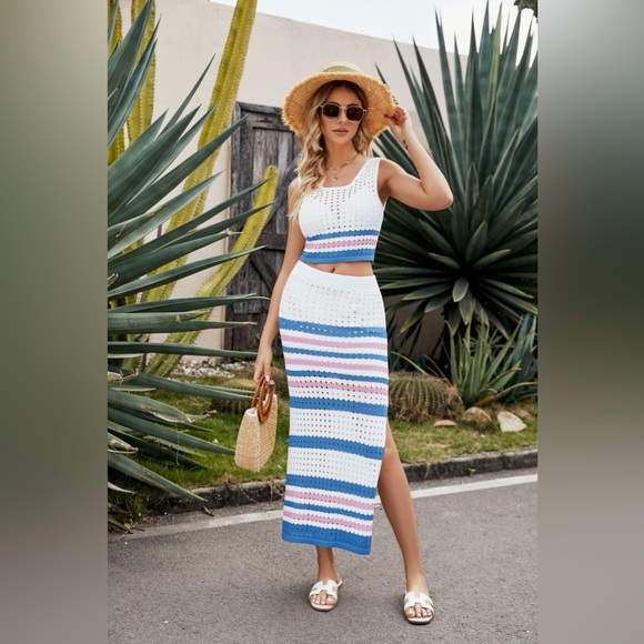 Striped Openwork Cropped Tank and Split Skirt Set - Picture 12 of 16
